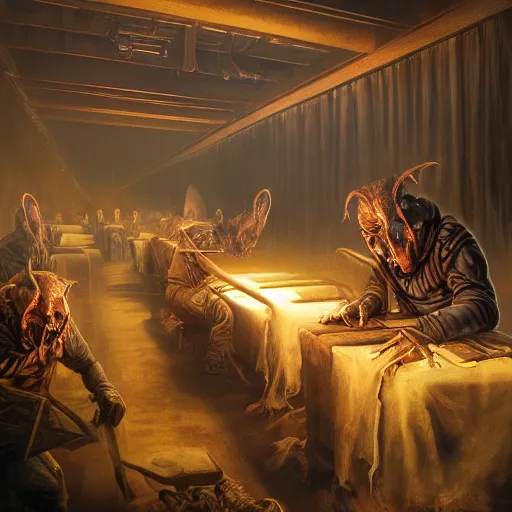 Image similar to evil souls being produced in incomprehensible sweatshop under fluorescent light hell, advanced, photorealistic, realistic, dramatic lighting, fantastic reality, by jeff easley, 8 k resolution