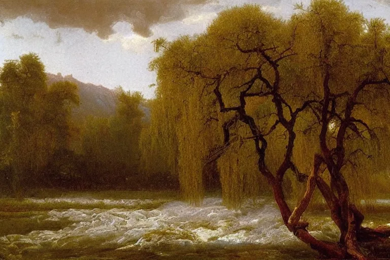 Prompt: oil painting of a willow tree next to a raging river by albert bierstadt