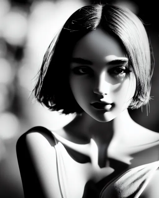 Image similar to black and white dreamy young beautiful female artificial intelligence, cinematic, rim light, bokeh, photo - realistic, elegant, high detail, 8 k, masterpiece, photo taken in 1 9 3 0