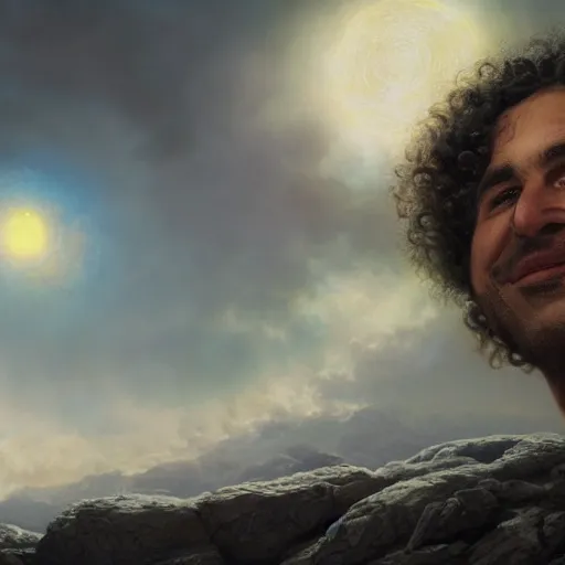 Image similar to a smiling curly - haired persian guy by david a hardy, noriyoshi ohrai, gary ruddell, greg rutkowski highly detailed, cinematic composition, trending on artstation