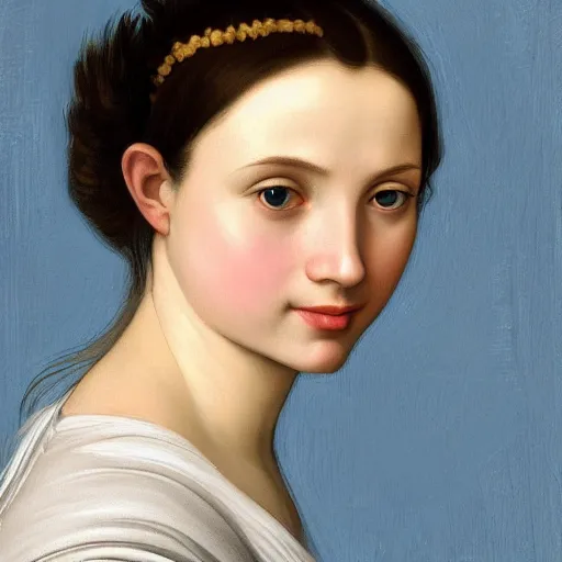 Image similar to full body portrait of a beautiful woman with blue eyes, gentle round face, with a bright smile, long dark hair, dark background, highly detailed, deep focus, elegant, digital painting, smooth, sharp focus, golden ratio, illustration, ultra realistic, 8 k, art by artemisia lomi gentileschi and caravaggio