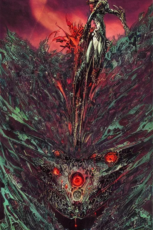 Prompt: gazer familiar eternal, art by philippe druillet and arthur suydam and jeffrey catherine jones, trending on artstation, front lighting first - person view telephoto lens, fractalism, vaporwave, profile picture, dadaism