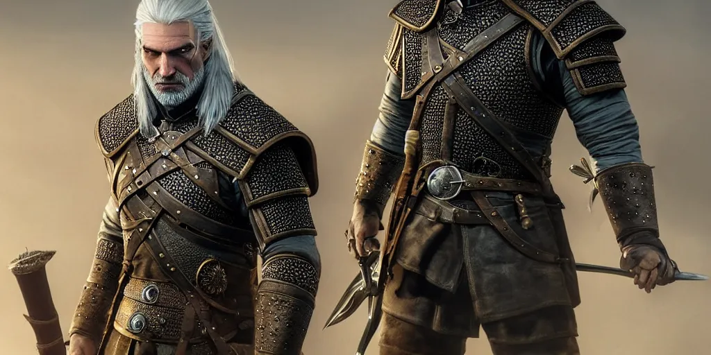 Prompt: geralt from syria new costume concept design with metal sholders and ornaments on the armor, witcher wild hunt, layered armor, fashion, colors with gold and dark blue, concept art, by artgerm, greg rutkowski, cinematic light, featured on artstation, octane render, sharp focus, ray tracing, artstationhq, cgsociety, 8 k.