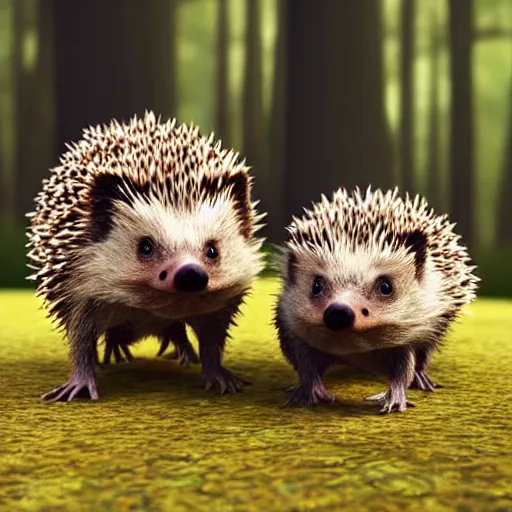 Prompt: 3d render of two hedgehogs in a forest, romantic, holding paws, walking together