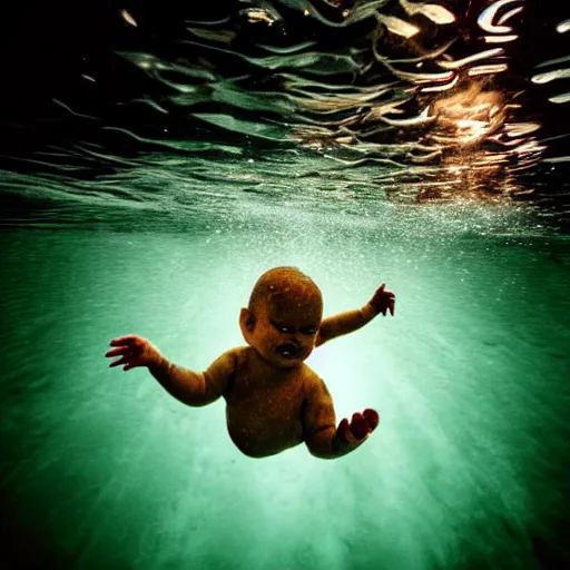 Image similar to a baby chasing a dollar bill under the surface of the water in the style of the nirvana album cover, underwater photography with light scattering and water refractions, smooth