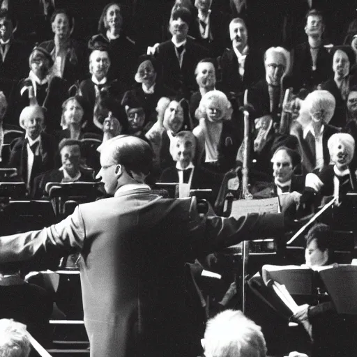 Image similar to 1990s Hi-8 footage of Napoleon conducting at the Sydney Opera House, candid wide photograph, 18mm