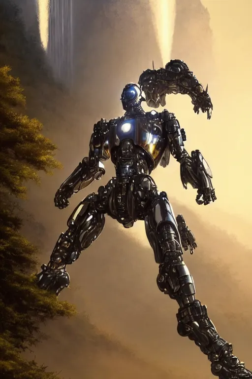 Image similar to detailed intricate digital illustration by greg rutkowski and artgerm and wlop and sanford robinson gifford ; sleek, chrome mech suit, floating with shimmering waterfall in the background ; 1 3 mm film, arri alfa anamorphic lens ; sharp focus, golden hour lighting, mist ; trending on artstation 4 k ; close view