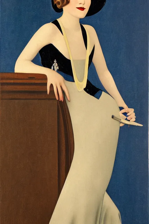 Image similar to a oil painting depicting a Jazz Age high society figure, 1920s style, smooth, highly detailed, high contrast, Coles Phillips, Dean Cornwell, JC Leyendecker, 8K