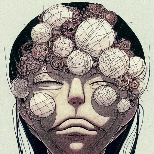 Image similar to prompt: Fragile looking vessel portrait face drawn by Katsuhiro Otomo, inspired by smithe one, magical and alchemical objects on the side, soft light, white background, intricate detail, intricate ink painting detail, sharp high detail, manga and anime 2000