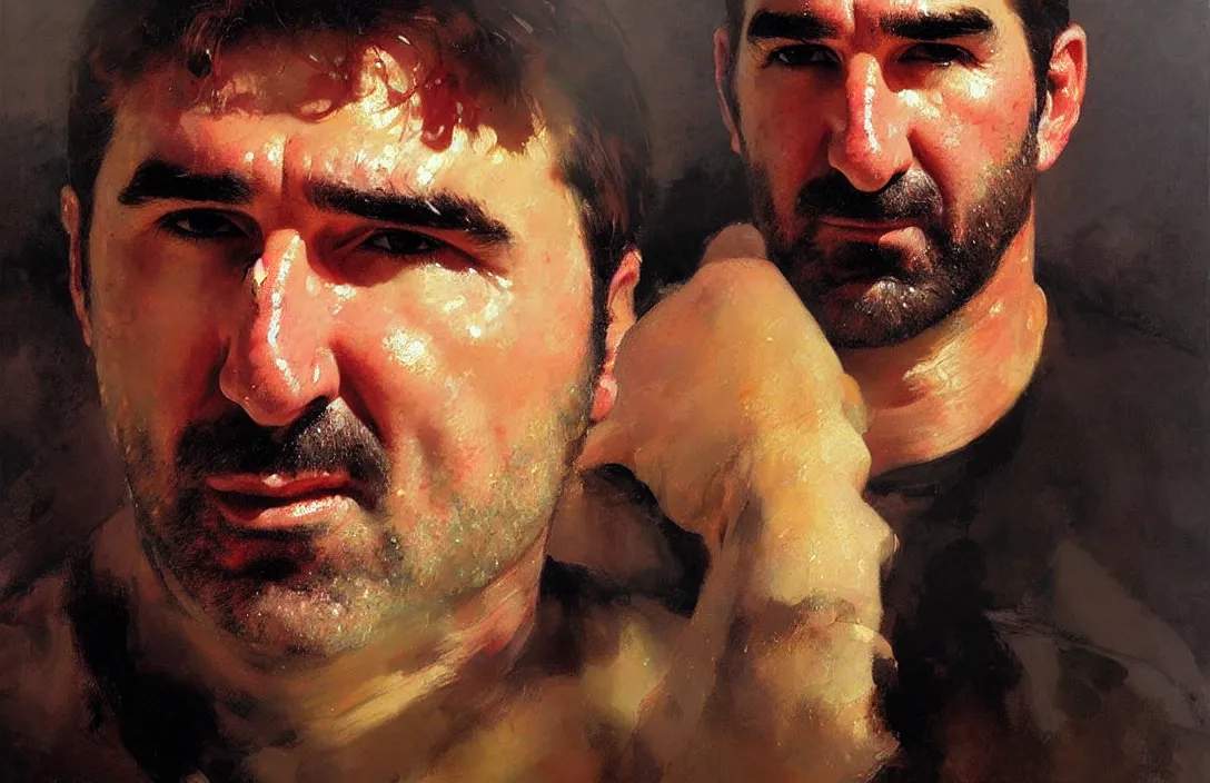 Image similar to portrait of eric cantona!!!!!!!!!!!!!!!!!!!!!!!!!!!, detailed face, detailed painting, epic lighting, by ilya repin, phil hale and kent williams