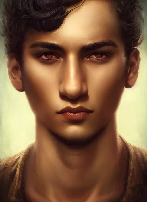 Image similar to a magical portrait of a young colombian male gang member with beautiful brown eyes and short black hair, art by manuel sanjulian and tom bagshaw