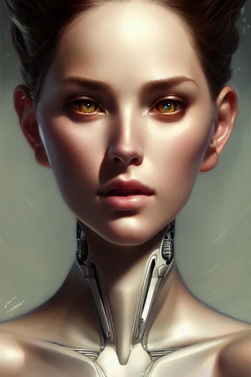 Prompt: beautiful female mechanical android!, half portrait, 3 / 4 pose, intricate detailed environment, photorealistic!, floro details, intricate, elegant, highly detailed, digital painting, artstation, concept art, smooth, sharp focus, illustration, art by artgerm and greg rutkowski and alphonse mucha