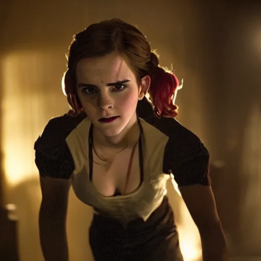 Prompt: Emma Watson as Jinx ,Arcane, cinematic, Wide-shot, atmospheric lighting, directed by Quentin Tarantino, movie still