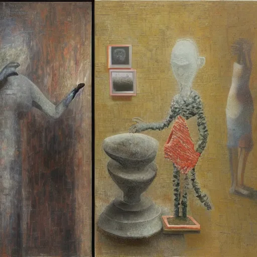 Prompt: a detailed, impasto painting by shaun tan and louise bourgeois of an abstract forgotten sculpture by ivan seal and the caretaker, alzheimer's