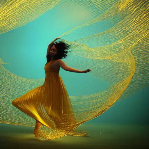 Prompt: woman dancing and spinning underwater while wearing a long dress made of many layers of translucent golden fabrics flowing in the fast current, hundreds of tiny bubbles in the foreground somewhat obscure and blur her body, coral sea bottom, swirling schools of silver fish, bubbles, swirling smoke shapes, octane render, caustics lighting from above, cinematic