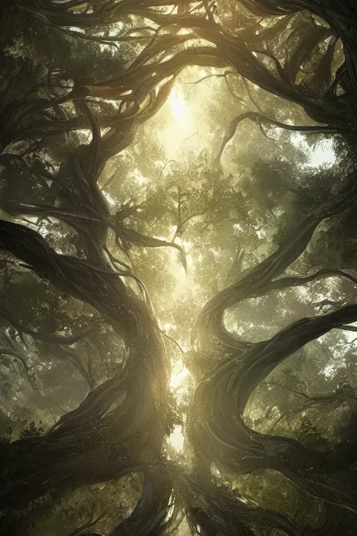 Prompt: a beautiful and detailed matte painting of a massive, tall, rich tree, low angle, looking up, complex tangled vines, digital art, painted by greg rutkowski