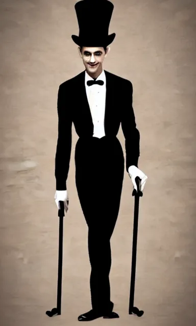 Image similar to ultra realistic photorealistic sepia portrait of a 1 9 2 0 s era smiling, magician, a tall, thin man, well dressed, slicked - back black hair, long - tailed tuxedo coat, black bow tie, walking stick and top hat, trending on artstation, illustration, digital painting, highly detailed render