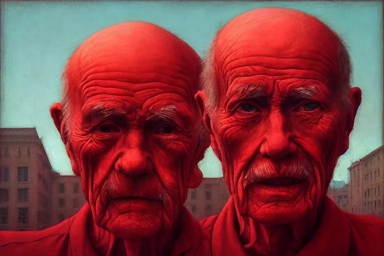 Image similar to only with red, a red old man try to sell a portrait, in a square, crowd cheering, in the style of beksinski, parts by edward hopper, parts by rodcenko, parts by yue minjun, intricate and epic composition, red by caravaggio, insanely quality, highly detailed, masterpiece, red light, artstation, 4 k