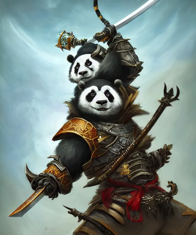 Prompt: a portrait an anthropomorphic panda samurai holding a katana, wearing armor with spiked shoulders, landscape in background, dnd character art portrait, world of warcraft style, by peter mohrbacher, cinematic lighting