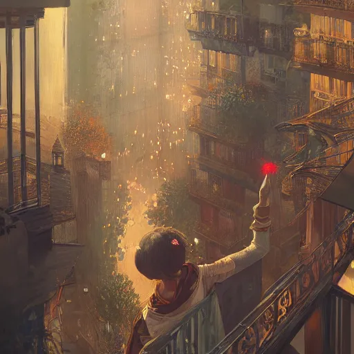 Image similar to a beautiful realistic painting of a firework festival on a balcony at night, intricate, elegant, highly detailed, digital painting, artstation, nier automata concept artsyle, by krenzcushart, artem demura, makoto shinkai, alphonse mucha