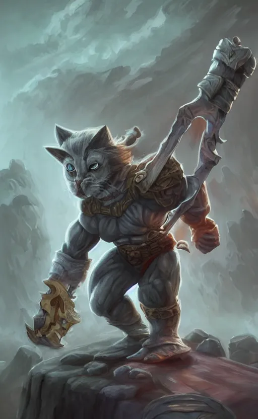 Image similar to Full body centered uncut character pose of mysterious-eerie-ominous He-Man, He-Man is holding the Power Sword in his right hand and the Grey Skull in his left hand, He-Man rides the Battle Cat, dark grey shadowy smokey background, direct natural lighting, cinematic, Epic, ultra-detailed, sharp focus, colored illustration, artwork by Jordan Grimmer and Greg Rutkowski