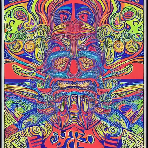 Image similar to Fillmore concert poster for The Bozone April 20, 1969 by Victor Moscoso and S. Clay Wilson, psychedelic, intricate paisley filigree Bozo the clown. red clown nose, mandala, day-glo colors, flowing lettering