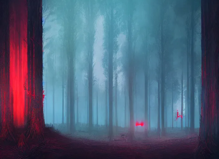 Image similar to red forest liminal space, night, artgerm, rutkowski, tooth wu, beeple, and intricate