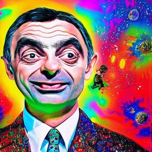 Image similar to psychedelic painting of mr bean floating in space