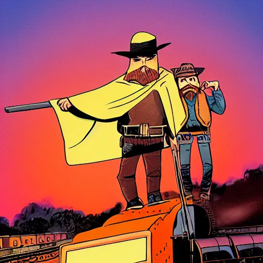 Image similar to bearded bandito with pancho and sombrero standing on top of a train at sunset, dave gibbons