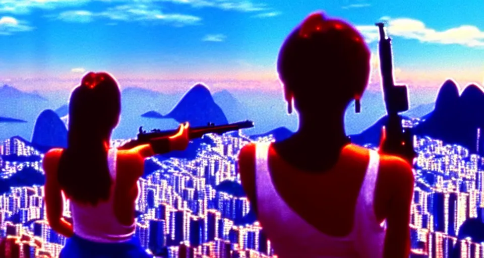 Image similar to 1 9 8 6 movie screencap of a girl with a gun on a rio de janeiro, gucci clothes, sparkles sky, beautiful favela background extremely utra high quality photo 8 k