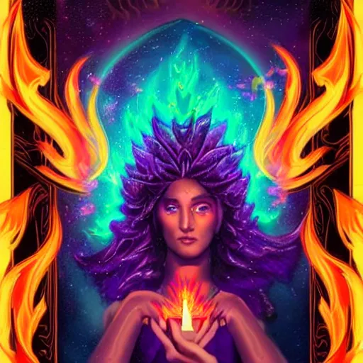 Image similar to Beautiful portrait of a glowing purple & red phoenix goddess, with flames and smoke in her hair, surrounded by orange flames, Major arcana card tarot card, extremely high detail, intricate details, 8k octane rendered, litmus reflective dramatic lighting anime vibes