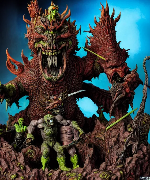 Image similar to a hyperrealistic rendering of an epic boss fight against an ornate supreme dark overlord by art of skinner and richard corben, product photography, mountain nightmare castle playset, collectible action figure, sofubi, neon color