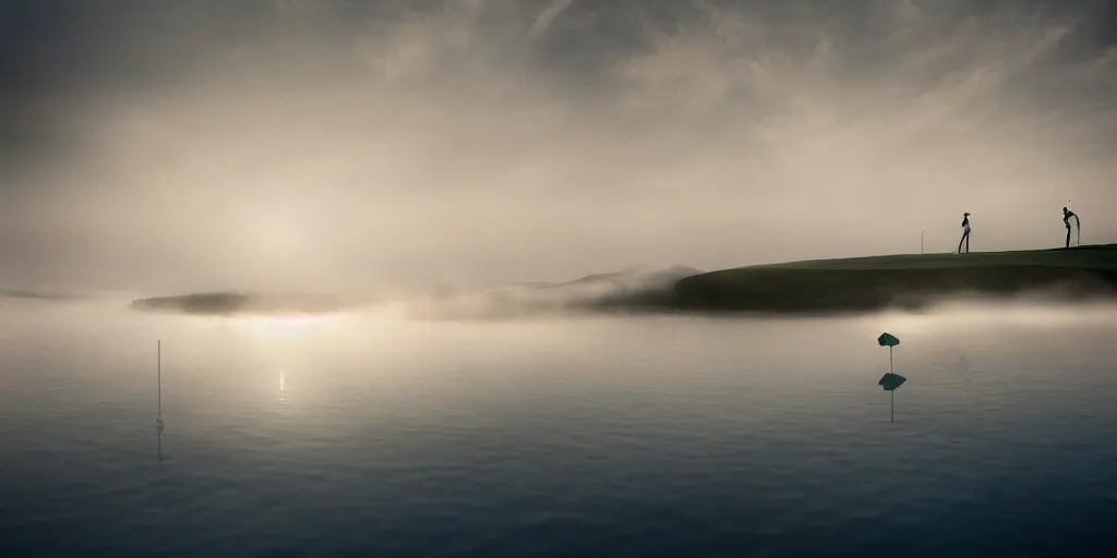 Image similar to a great photograph of the most amazing golf hole in the world, perfect light, under water, ambient light, 5 0 mm, golf digest, top 1 0 0, fog