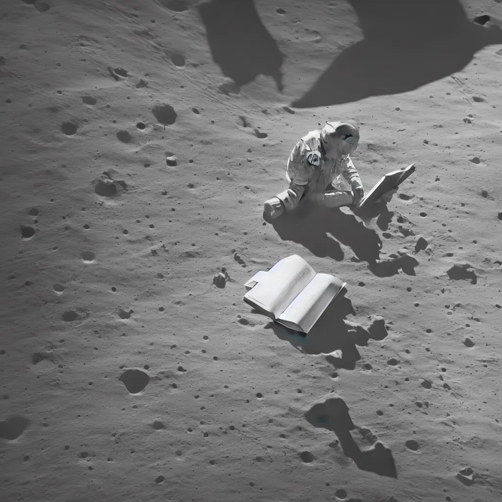 Prompt: A highly photographic render of astronaut on the Moon, sitting on a concrete bench reading a book, rim lighting, cinematic lighting, octane engine, photo realistic image, 4K, super detailed, cinematic look