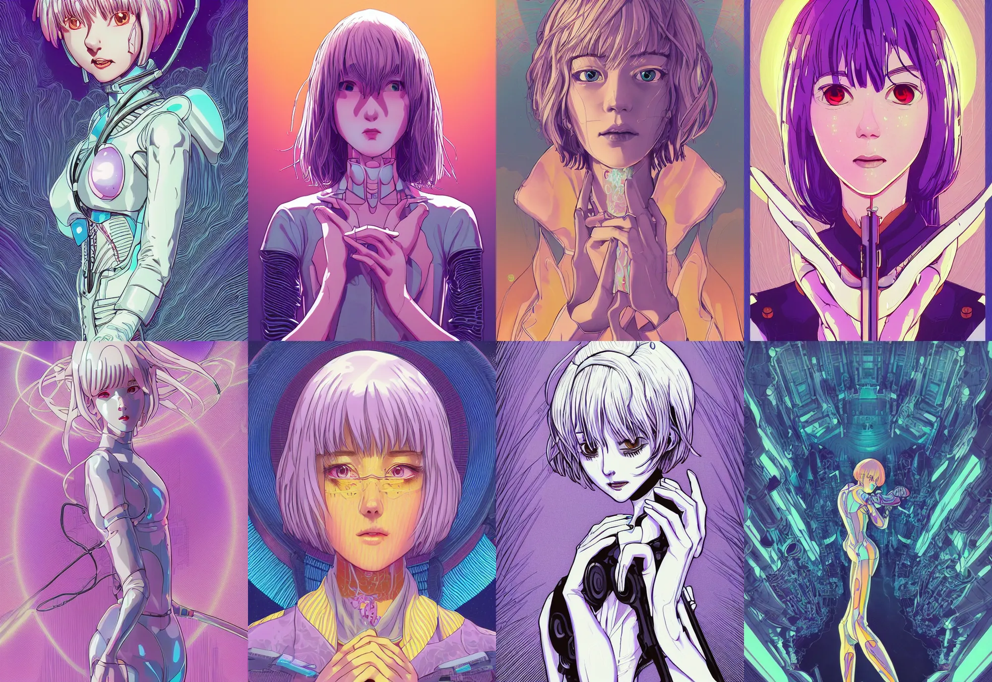 Prompt: a ultra beautiful detailed line art illustration of rei ayanami, centered, by dan mumford and moebius and beeple, trending on artstation, pastel color, dim dusk lighting, cinematic lighting, detailed lighting, volumetric lighting, realistic, f 8, 4 k hd wallpaper, poster, yellow and purple color scheme