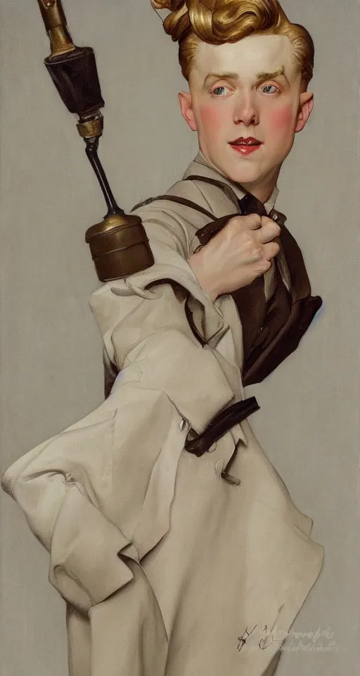 Image similar to Painting of lucius as a German tailor, long blond drill curls, delicate androgynous prince, pale milky white porcelain skin, by Leyendecker and Norman Rockwell