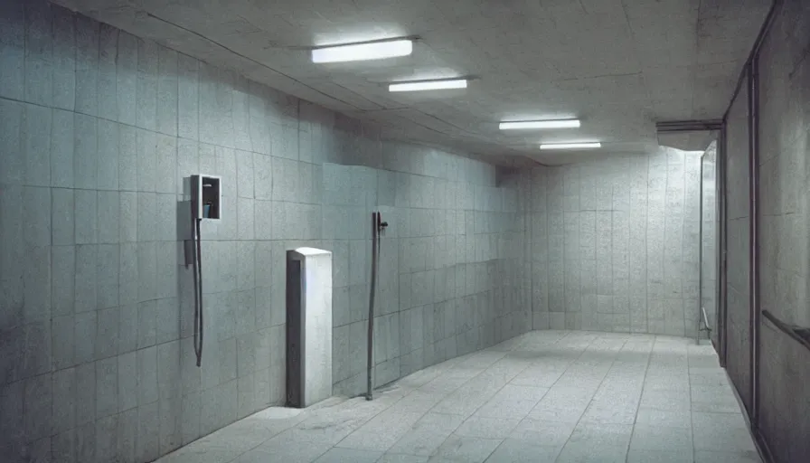 Prompt: 60s movie still of empty public showers in a Infinite tunnel, cinestill 800t 50mm eastmancolor, liminal Space style, heavy grain-s 150