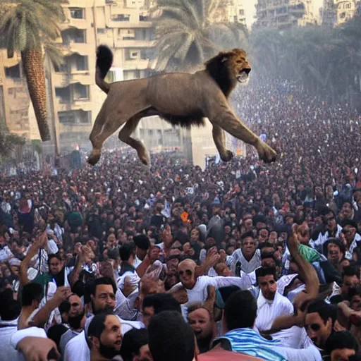 Prompt: lions of kasr El nil leaping in the air above Tahrir