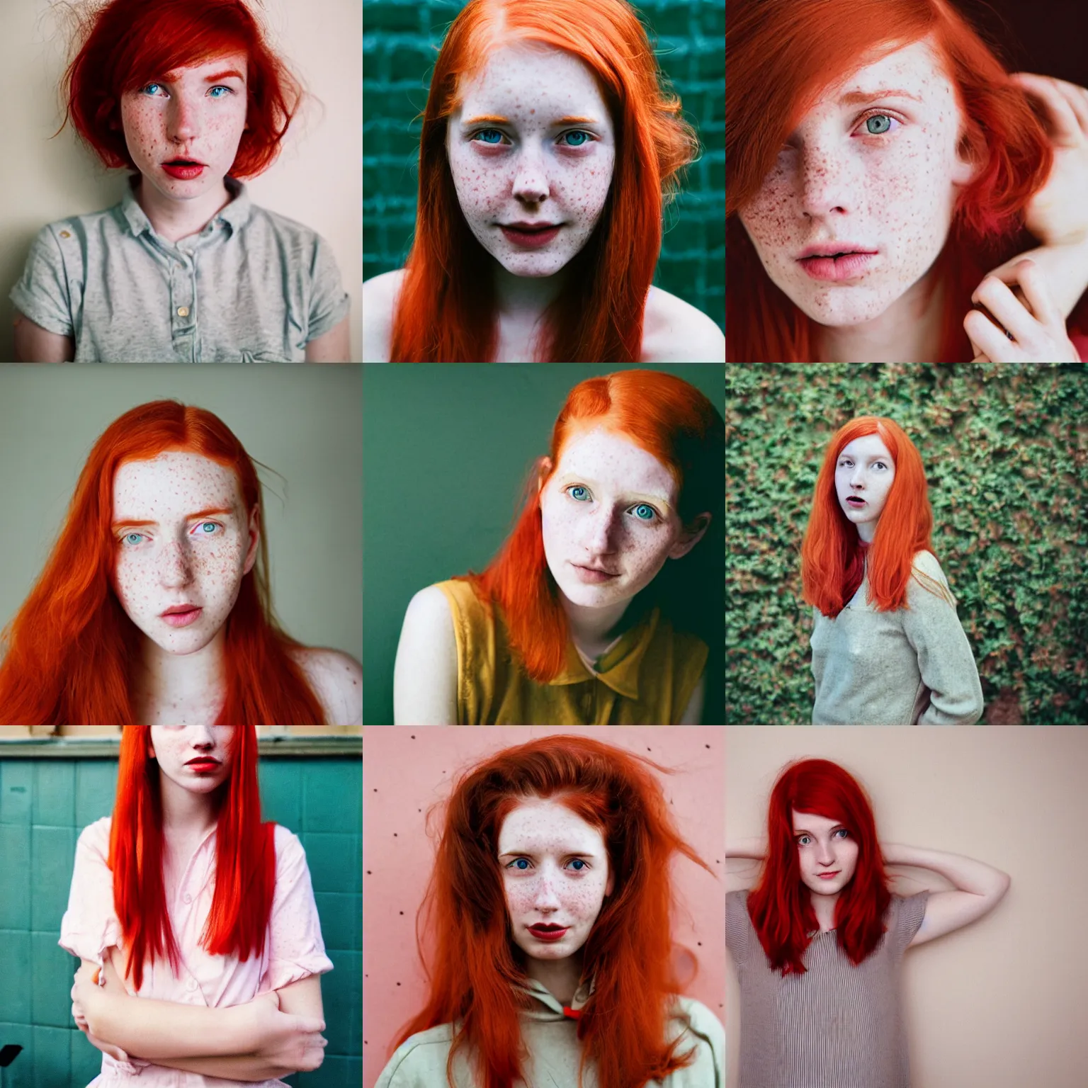 Prompt: photograph of a very cute twenty year old woman by wes anderson, red hair, freckles,