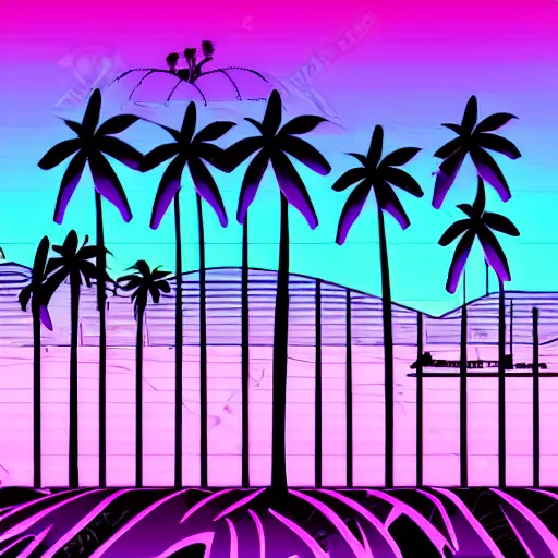 Image similar to retro vaporwave sunset skyline grid palm trees purple and pink bing chilling