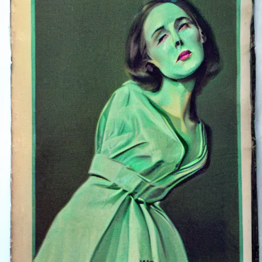 Prompt: faceless woman, hyper detailed, photo realism, Vintage Magazine Illustration 1960s, deep green mood