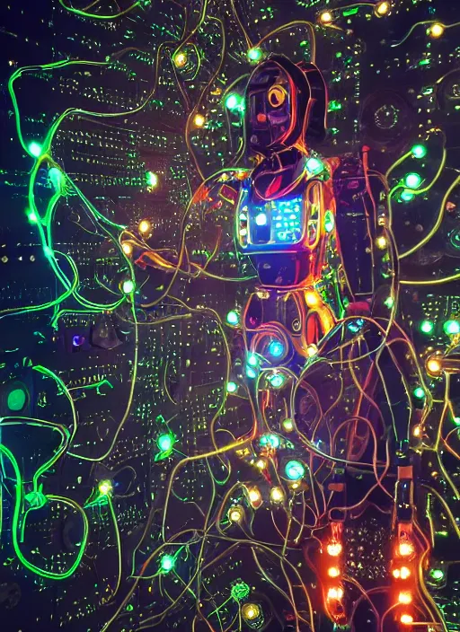 Prompt: intricate cyborg pilot girl with electromechanical robot parts, growing from electronic wall, connected made of and covered with many colorful wires, featuring beautiful detailed machined crystal eyes glowing with nebula, background glowing game server powered by galaxies. backlit luminous shiny metallic