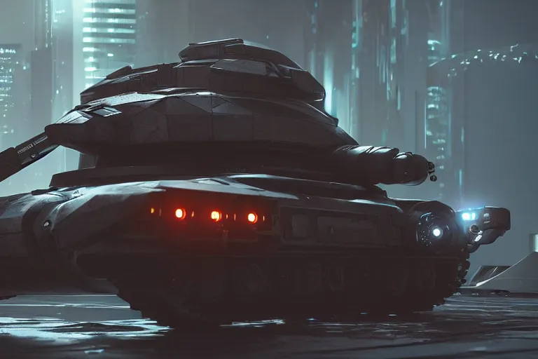 Image similar to cyberpunk alien concept inspired tank, futuristic look, highly detailed body, very powerful, photorealistic camera shot, bright studio setting, studio lighting, crisp quality and light reflections, unreal engine 5 quality render