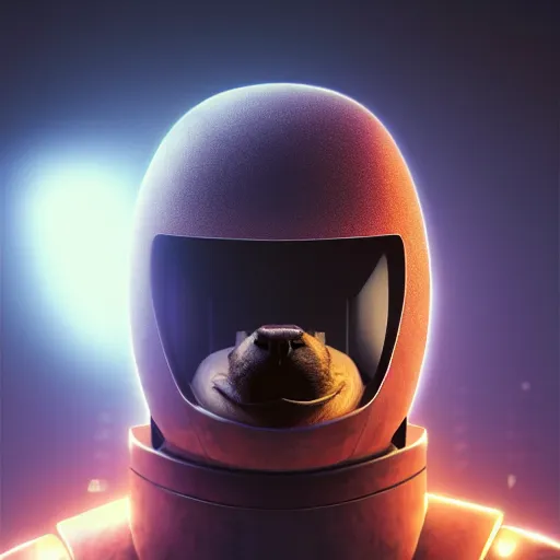 Image similar to wide shot, photo of a capybara head, a huge humanoid capybara-man with a katana, in a heavy futuristic armour without a helmet, hyper realistic, hyper detailed, coherent photo, trending on artstation, cyberpunk, Japanese style, volumetric lightning, neon, electric colours, Cinematic, Dramatic, Film Grain, Kodak Portra, Depth of Field, 15 mm octane render, 4k, raytracing, blender