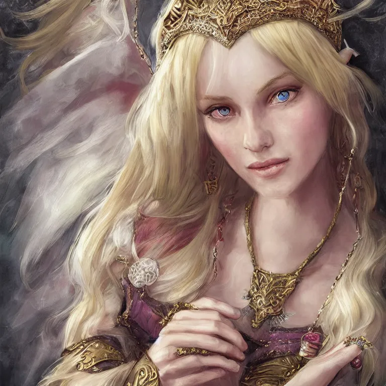 Image similar to a fantasy portrait of a beautiful noble elf princess with blonde hair and regal jewellry by bowater, charlie