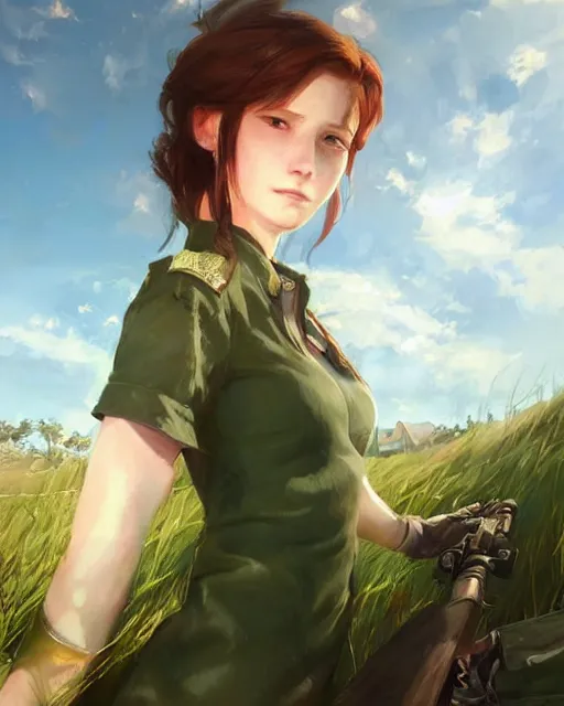 Image similar to elegant claire redfield in a green cottagecore dress, portrait, illustration, rim light, top light, summer clear blue sky, perfectly shaded, soft painting, art by krenz cushart and wenjun lin