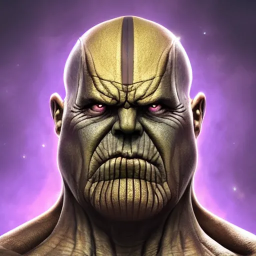 Prompt: Thanos, a character portrait by Brian and Wendy Froud, trending on cg society, fantasy art, zbrush, airbrush art, digital painting