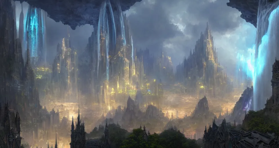 Prompt: a matte painting of beautiful religious scifi city, with waterfalls, 8 k, cinematic lighting, hd, atmospheric, hyperdetailed, trending on artstation, devainart, digital painting, glow effect intricate digital painting artstation concept art smooth sharp focus illustration, art by artgerm and paul chadeisson and greg rutkowski, sung choi and alphonse mucha