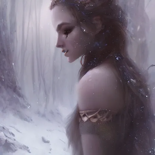 Image similar to Close up of a gorgeous druid woman in a snowy forest landscape, fantasy, Ross Tran, Charlie Bowater, Greg Rutkowski, volumetric lighting