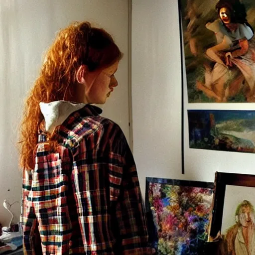 Image similar to extraordinary portrait : 4 0 - year - old sadie sink in a checked shirt, modern hairstyle. in her art studio. 1 9 9 0 s. precise detail. art by anders zorn, wonderful masterpiece by greg rutkowski, beautiful cinematic light, american romanticism by greg manchess, jessica rossier